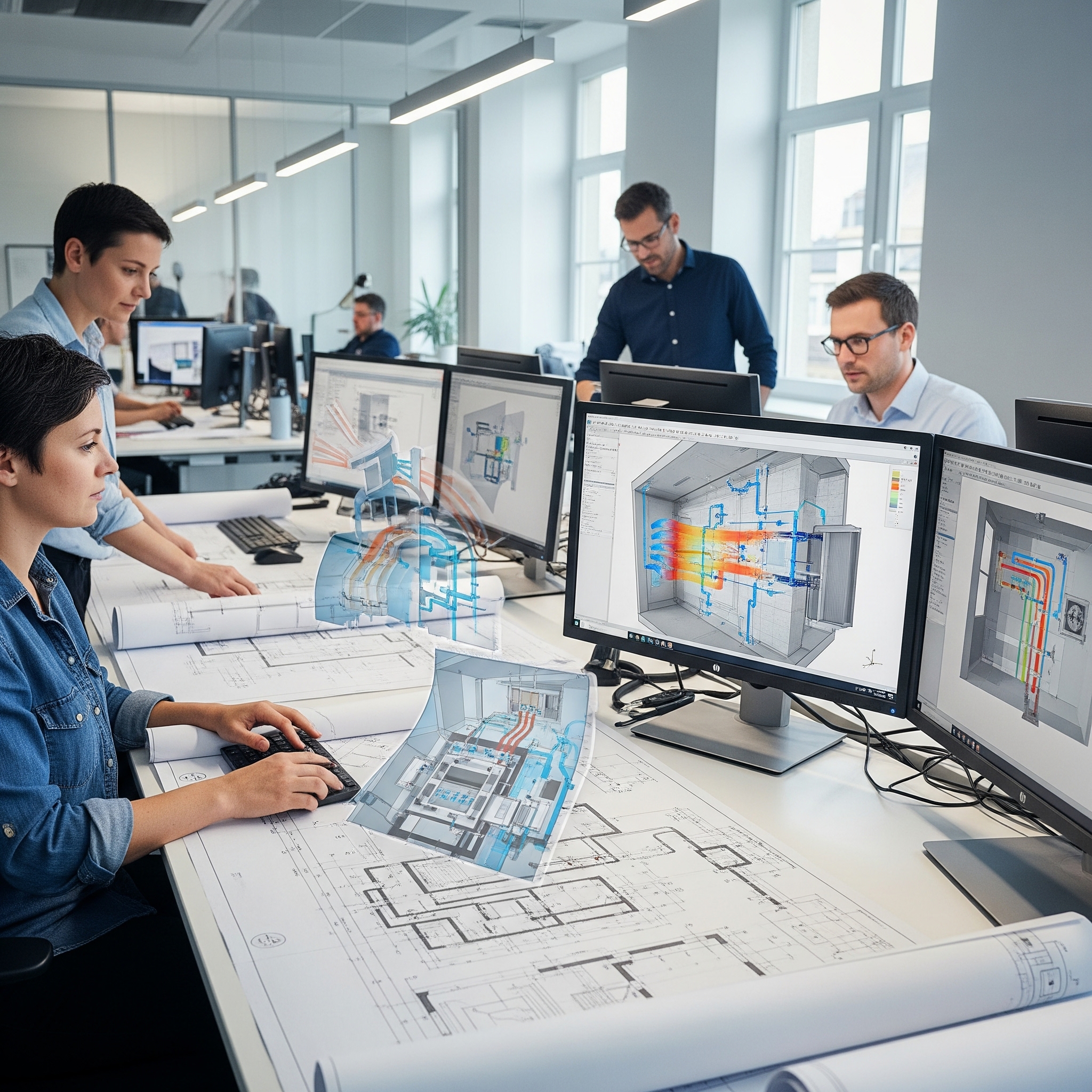 Équipe d'ingénieurs travaillant sur des plans et modélisations 3D de systèmes CVC